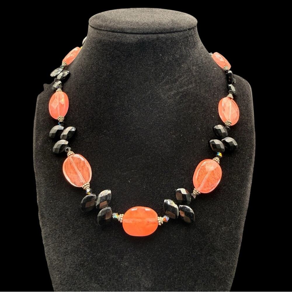 Vintage Elegant Statement Handcrafted Pink Quartz Black Beaded Necklace 16”